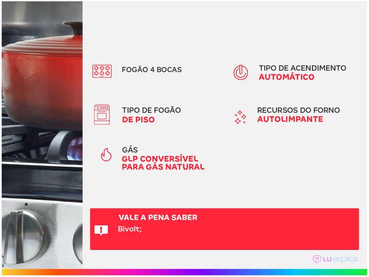 Fogão Consul 4 Bocas CFO4NAR com Mesa de Inox, Acendimento Automático e Design Frente Única Bivolt - Inox