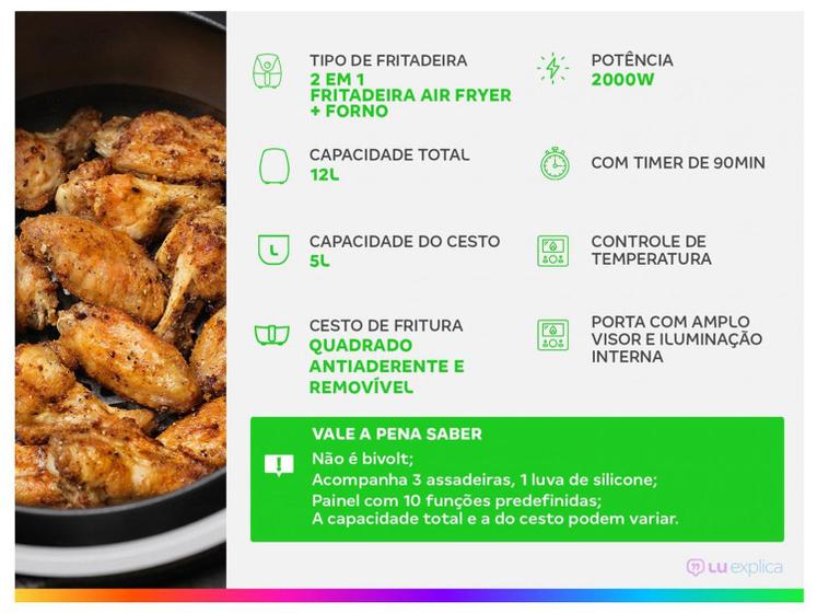 Fritadeira Elétrica Sem Óleo Air Fryer Oven 2 em 1 Mondial AFON-12L-BI 12L Digital   Preta/Inox