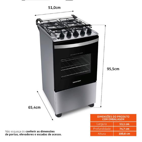 Fogão Brastemp 4 Bocas BFO4NBR Clean com Mesa de Inox, 2 Prateleiras Ajustáveis e Acendimento automático Bivolt   Inox