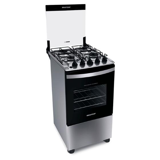 Fogão Brastemp 4 Bocas BFO4NBR Clean com Mesa de Inox, 2 Prateleiras Ajustáveis e Acendimento automático Bivolt   Inox