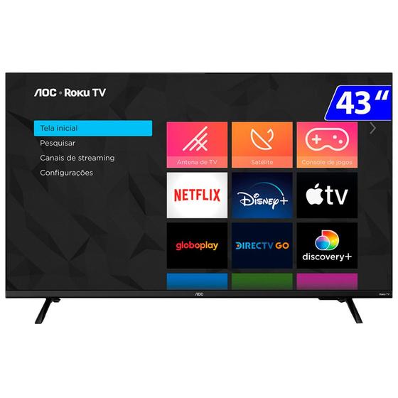 Smart TV 43" AOC Full HD 43S5135/78G com sistema operacional Roku TV, Dolby Digital, Comando de Voz, 60 Hz e processador